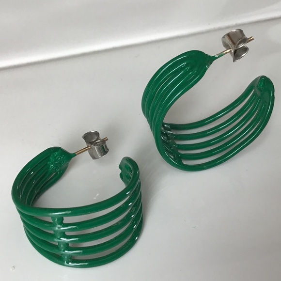Vintage 1980s Hoop Earrings Pierced Green Retro Disco - Picture 4 of 16